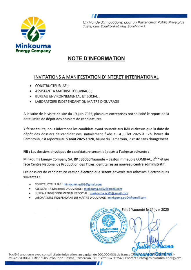 24 juin 2025 Note d'information relative au report de la date de dépôt de dossier